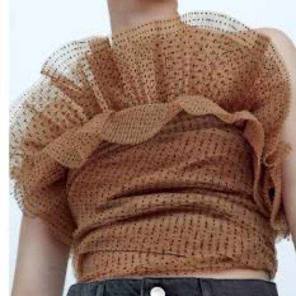 Zara NWT Tulle Ruffle Strapless Crop Top Sheer Nude Size Small - Picture 4 of 5